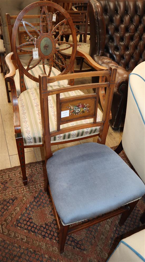 An Edwardian Hepplewhite revival, painted and decorated satinwood elbow chair and a pair of similar bedroom chairs (3)